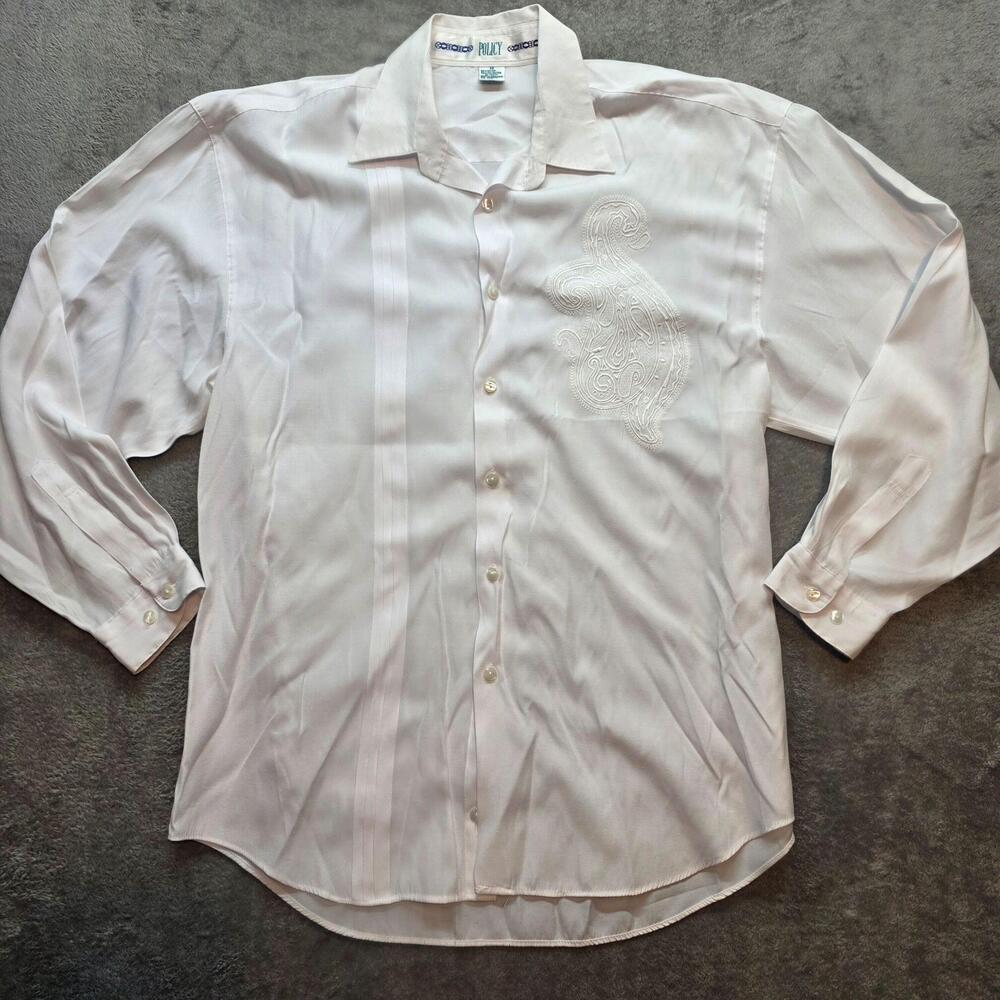 Policy Vintage Button Up Shirt Mens M White Paisley Rayon Long Sleeve